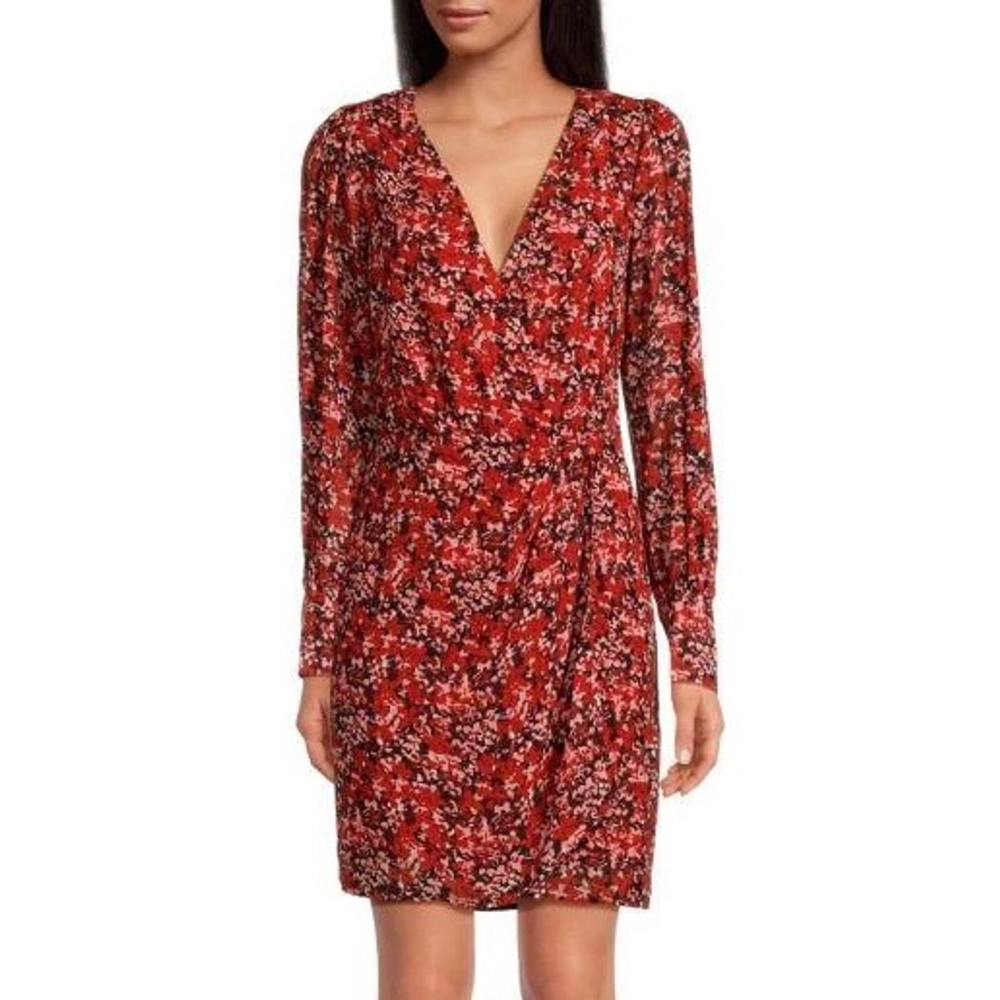THE KOOPLES Burning Flowers Red Floral Mini Wrap Dress Size 0 NWT MSRP $385